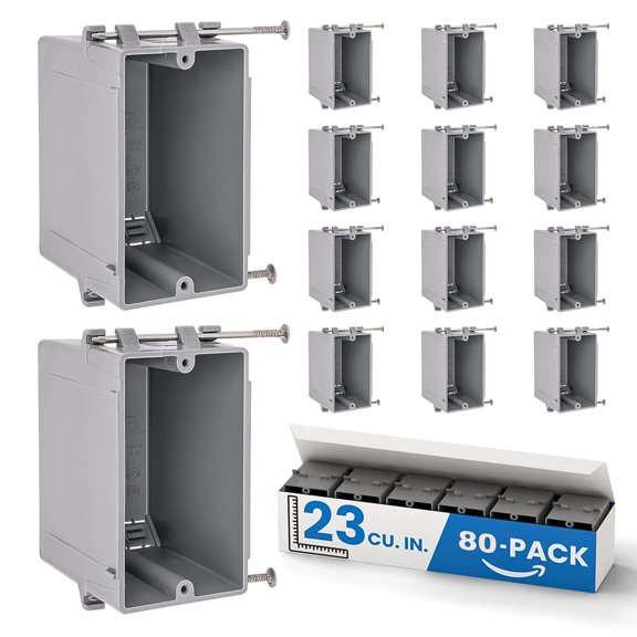 OHLECTRIC 1-Gang New Work Outlet Box, 23 Cubic Inch (80-PACK) Single Gang PVC Electrical Box Captive Nail Mounting, Non-Metallic PPO/PVC Plastic Construction Boxes GFCI Outlets Dimmers, UL/ETL Listed