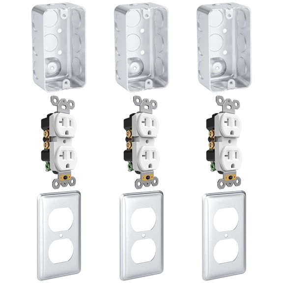 OHLECTRIC 2x4 Electrical Outlet Box Kit, 3-Pack, Metal Junction Box, 1-7/8 in Deep, 20A Tamper-Resistant Duplex Receptacle, Cover Plate, Ground Screw