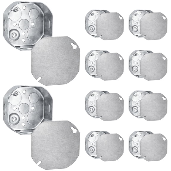 OHLECTRIC 4-Inch Octagon Metal Electrical Box with Blank Covers (10-Pack) 1-1/2 Inch Deep, Raised Ground, Galvanized Steel Drawn Construction Junction Box Kit, (4) 1/2" & (4) 3/4" Knockouts