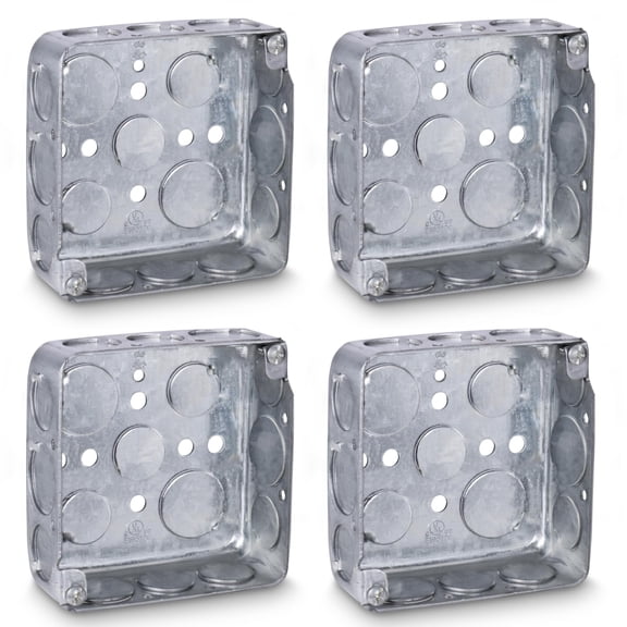 OHLECTRIC 4 in Square Drawn Steel Electrical Box, 1-1/2 in Deep, 1/2 in & 3/4 in Knockouts, Raised Ground Emboss, Galvanized Steel, 4-Pack