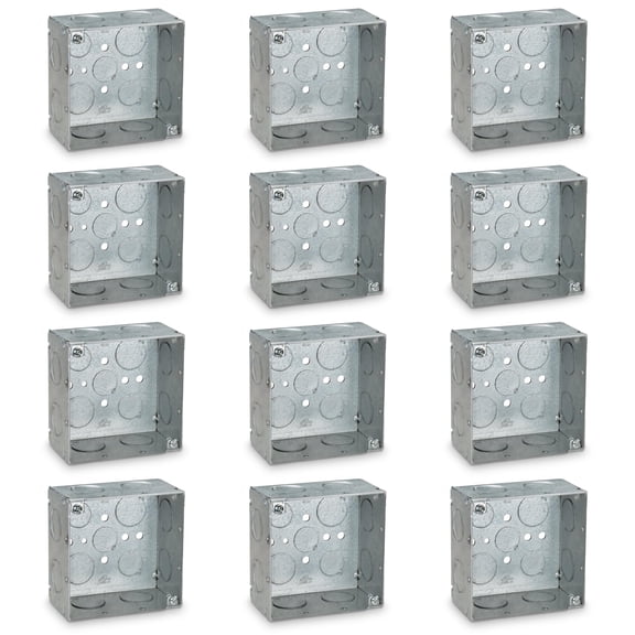 OHLECTRIC 4" Square Welded 2-1/8" Deep Boxes with 1/2 and 3/4" KO Made of Galvanized Steel, Raised Ground Emboss Junction Boxes for Walls and Ceilings - (12-Pack)