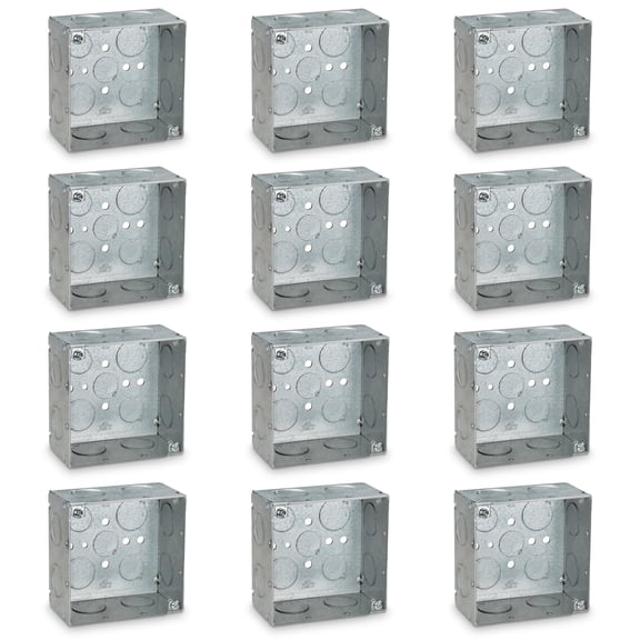 OHLECTRIC 4" Square Welded Electrical Junction Box, 2-1/8" Deep, Galvanized Steel, 1/2" & 3/4" Knockouts, Raised Ground, 12-Pack