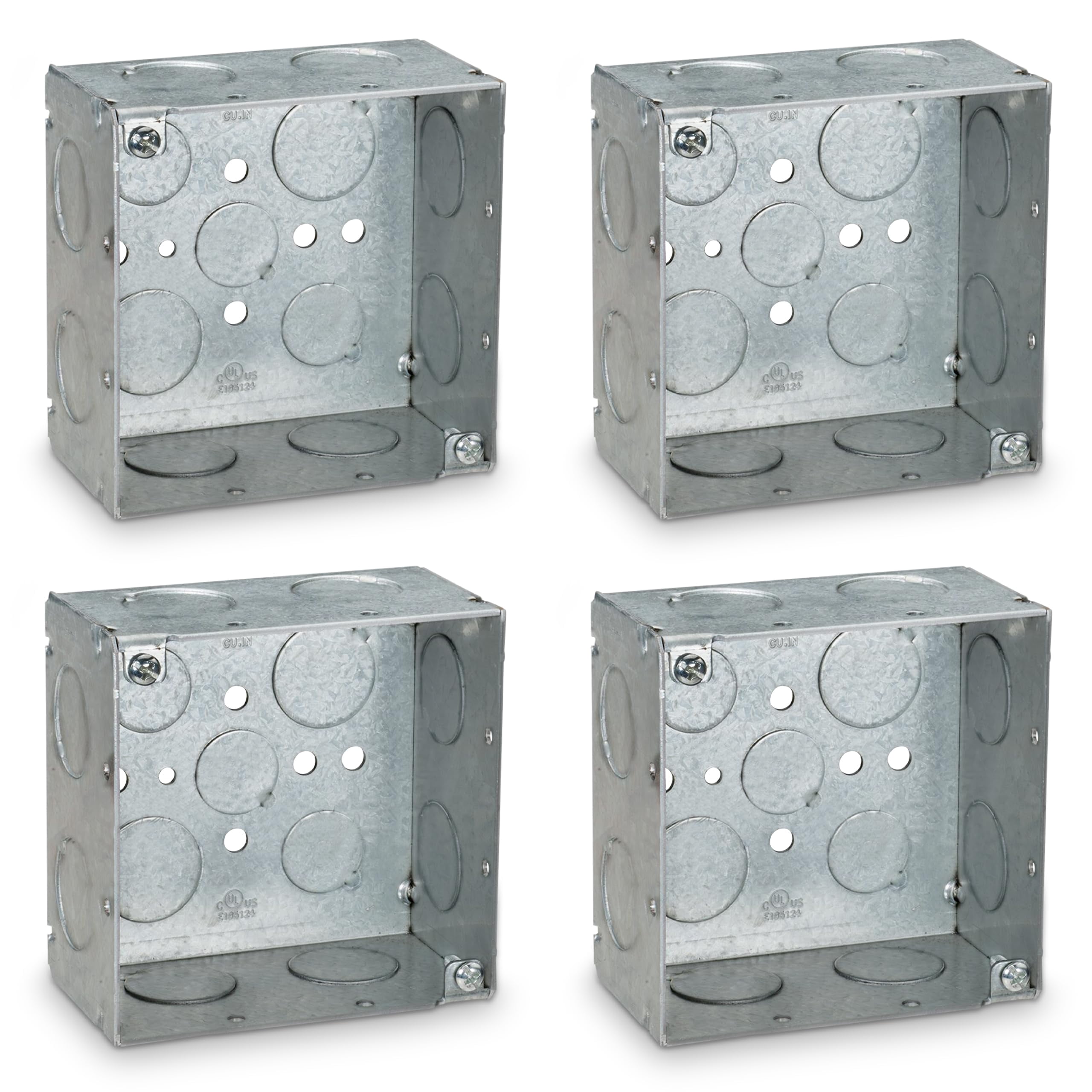 OHLECTRIC 4" Square Welded 2-1/8" Deep Boxes with 1/2 and 3/4" KO – Made of Galvanized Steel, Raised Ground Emboss Junction Boxes for Walls and Ceilings - (4-Pack)