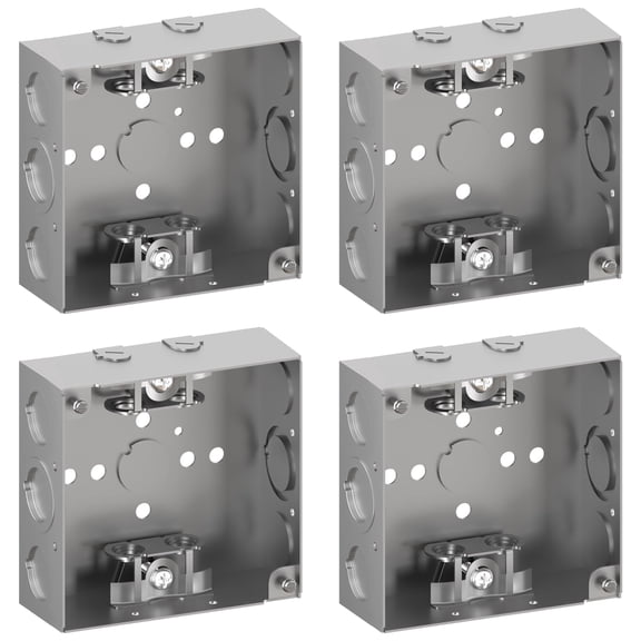 OHLECTRIC 4" Square Welded Electrical Box, 1-1/2" Deep, 1/2" & 3/4" Eccentric KO, MC Cable Clamp, Galvanized Steel, Pack of 4