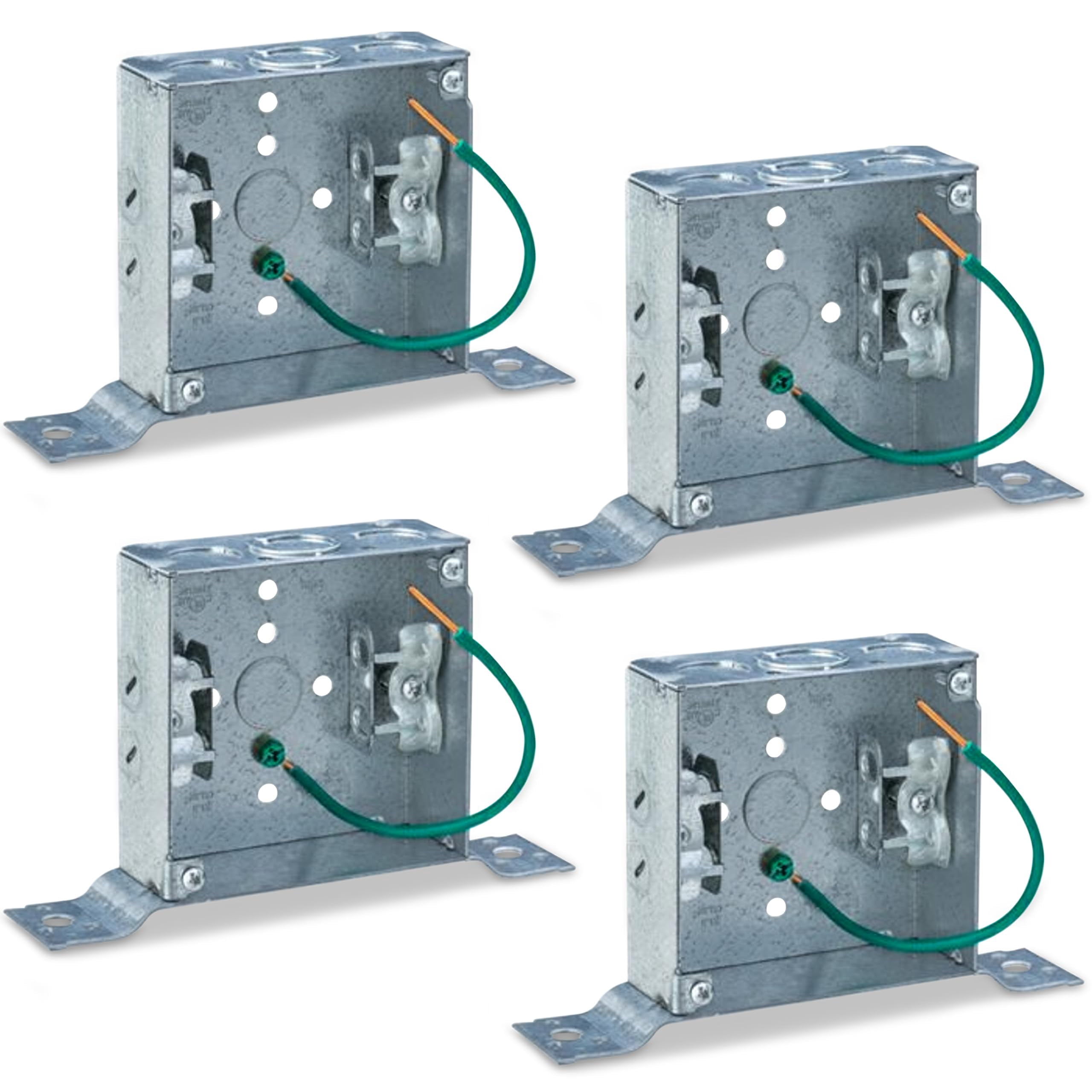 OHLECTRIC 4" Square Welded Box 2-1/8" Deep, Eccentric KO Boxes with MC Clamp, FL Bracket, Ground Screw & Pigtail –Galvanized Steel Welded Junction Boxes are Installed in Walls or Ceilings (4-Pack)
