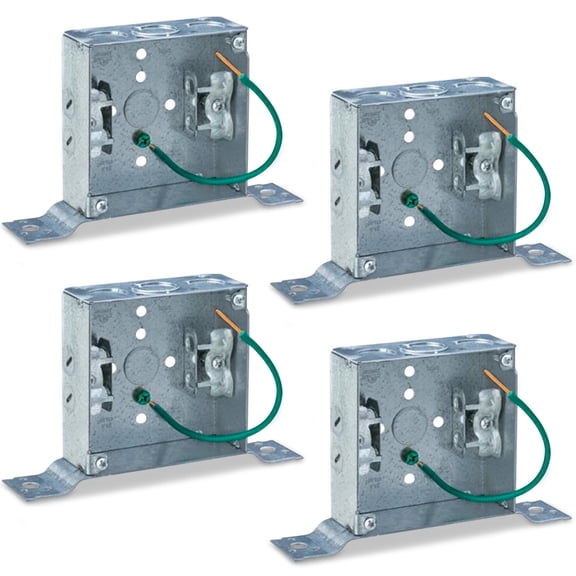 OHLECTRIC 4" Square Welded Box 2-1/8" Deep, Eccentric KO Boxes with MC Clamp, FL Bracket, Ground Screw & Pigtail Galvanized Steel Welded Junction Boxes are Installed in Walls or Ceilings (4-Pack)