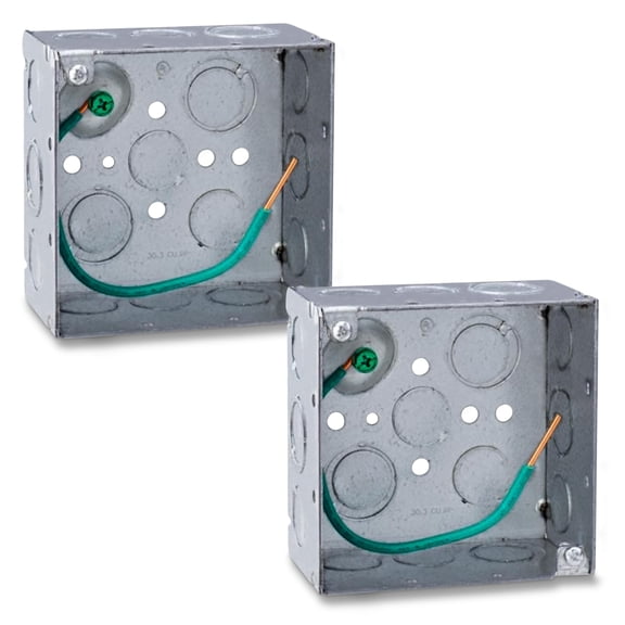 OHLECTRIC 4" Square Welded Electrical Box, 1-1/2" Deep, 1/2" & 3/4" Eccentric Knockouts, Raised Ground Emboss, 10/32 Ground Screw, 2-Pack