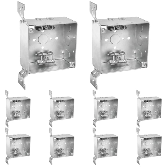 OHLECTRIC 4" Square Welded Electrical Box with Flush Mount Brackets (10-Pack) 2-1/8 Inch Deep Box with BX/MC Cable Clamp, ½ & ¾ Knockouts, Galvanized Steel, 30.3 Cu. in. Metal Junction Box