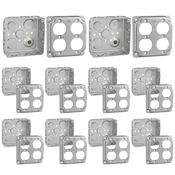 Ohlectric 4 x 4 inch Steel Electrical Junction Box with Cover, 1-1/2 inch Deep, 21 Cu. In., Double Duplex, UL Listed, 10-Pack