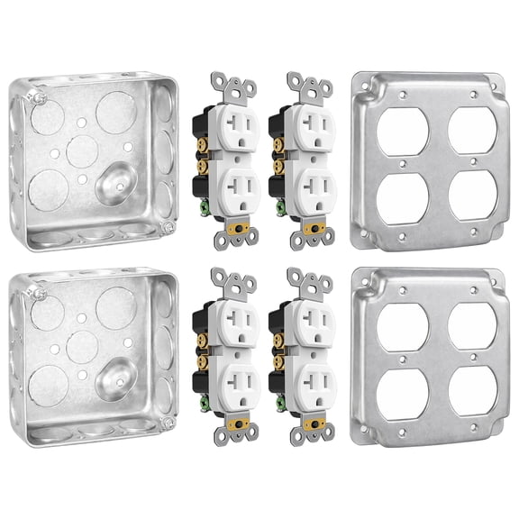 OHLECTRIC (8pc) Electrical Junction Box Kit w/ 20 Amp Duplex Receptacle Outlets & Covers (Set of 2) 2 4x4'' Metal Outlet Box, 4 Tamper Resistant Duplex Receptacle Outlets, Duplex Receptacle Cover