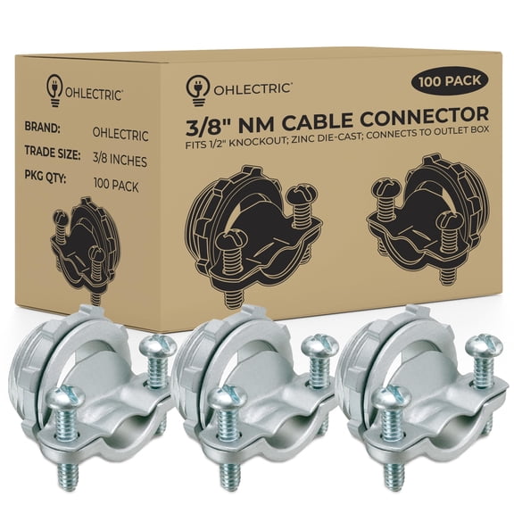 OhLectric NM Cable Connector, 3/8 in, Zinc Die-Cast, Twin Screw Clamp, 1/2 in Knockout, Locknut, 100-Pack