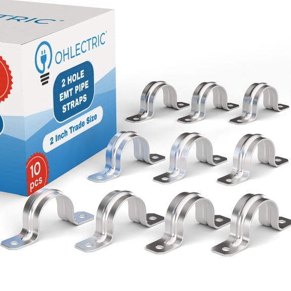 OHLECTRIC Heavy Duty Pipe Strap (10 Pack - 2 Inch) Zinc Plated Conduit Clamps, 2 Hole Steel EMT Pipe Strap U Bracket, Zinc Coated Tension Tube Clip, Metal Pipe Clamp for EMT Conduits