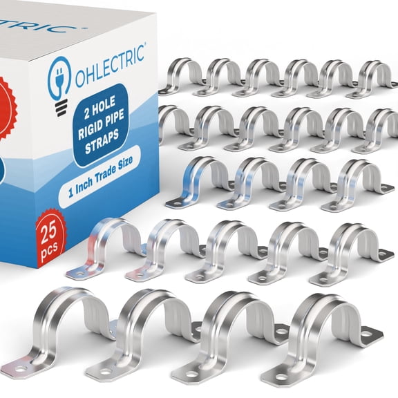 OHLECTRIC Heavy Duty Pipe Strap (25 Pack - 1 Inch) Zinc Plated Conduit Clamps, 2 Hole Steel Rigid Pipe Strap U Bracket, Zinc Coated Tension Tube Clip, Metal Pipe Clamp for Rigid Conduits