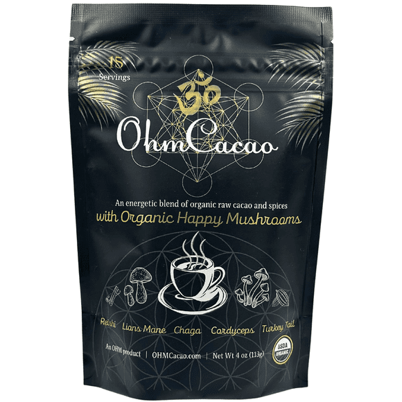 OHM Cacao Mushroom Coffee Alternative | Organic Ceremonial Cacao Powder | Nootropic Blend: Lion's Mane, Reishi, Chaga, Cordyceps, Turkey Tail | Focus + Energy + Immunity