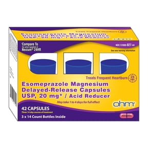 Ohm Esomeprazole Magnesium Capsules, 20mg, Heartburn & Acid Reflux Relief, Antacid, 42 Capsules, 3 Pack