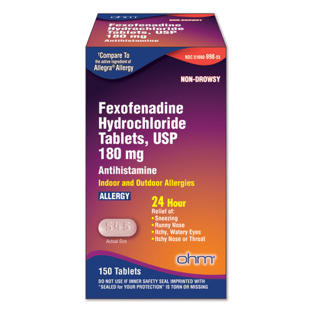 Ohm Fexofenadine Hydrochloride Antihistamine Allergy Relief Tablets, Non-Drowsy, 180mg, 150 Ct