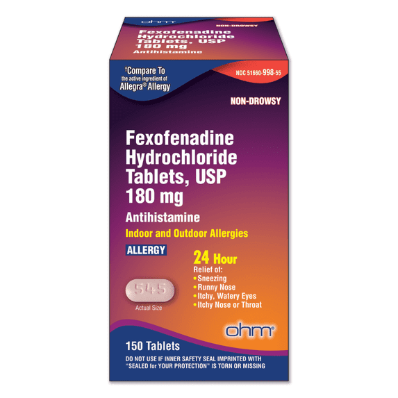 Ohm Fexofenadine Hydrochloride Antihistamine Allergy Relief Tablets, Non-Drowsy, 180mg, 150 Ct