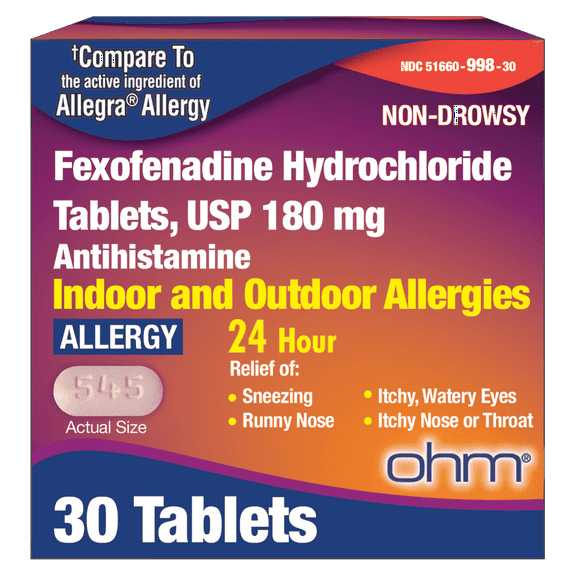 Ohm Daily Non-Drowsy Fexofenadine Antihistamine Tablets, 180mg, 30 Count, Relief from Allergens