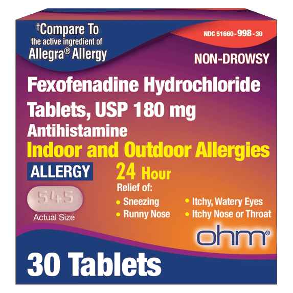 Ohm Non-Drowsy Fexofenadine Antihistamine Indoor Outdoor Allergy Relief Tablets 30 Ct, Allergy Medicine, 24-Hour Relief from Hay Fever and Runny Nose