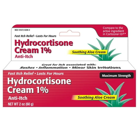 Hydrocortisone Cream 1% with Soothing Aloe (2 Fl Oz) Fast-Acting Maximum Strength Anti-Itch Relief for Eczema, Psoriasis, Rashes, Hives, Bug Bites & Irritated Skin, Dye Free