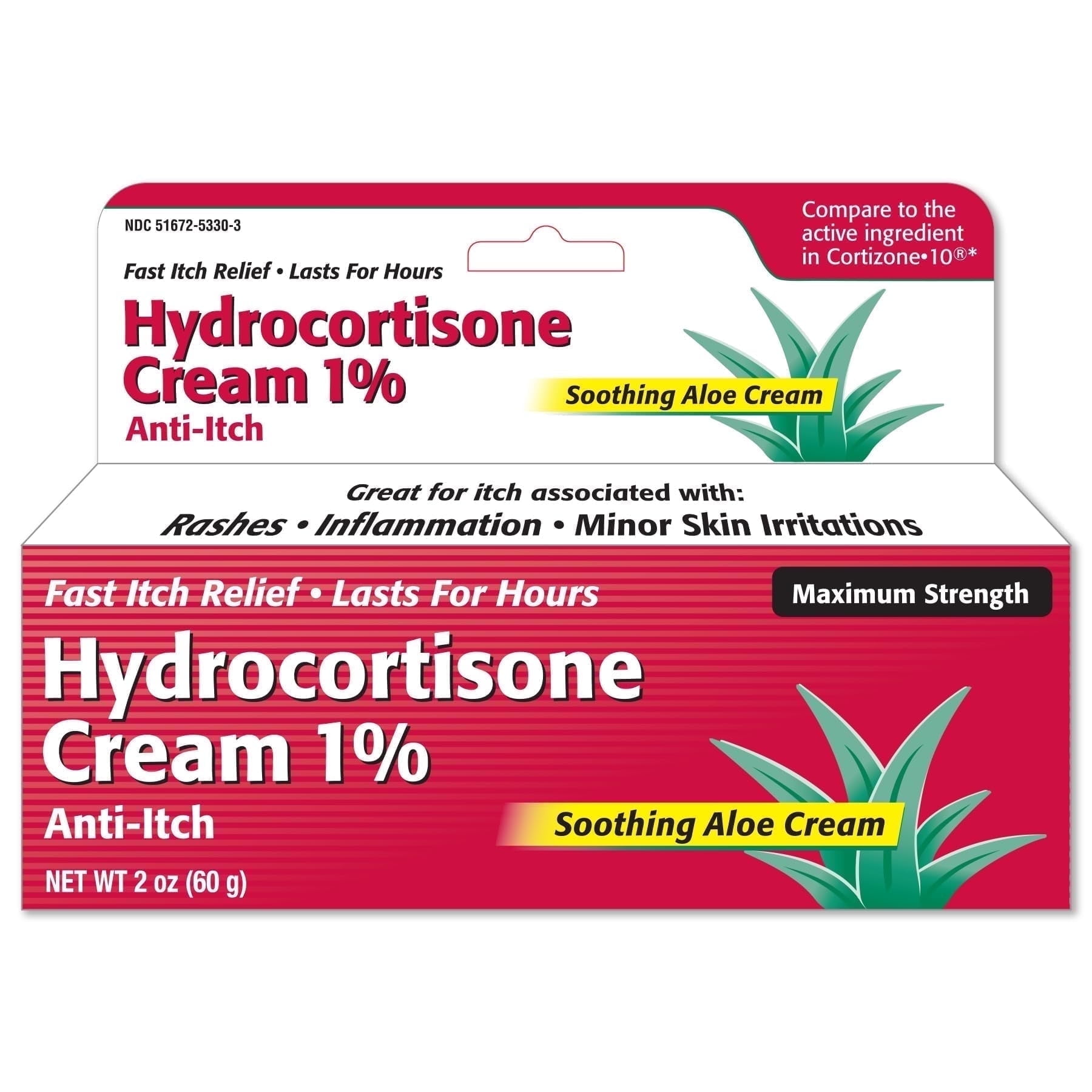Hydrocortisone Cream 1% with Soothing Aloe (2 Fl Oz) Fast-Acting Maximum Strength Anti-Itch Relief for Eczema, Psoriasis, Rashes, Hives, Bug Bites & Irritated Skin, Dye Free