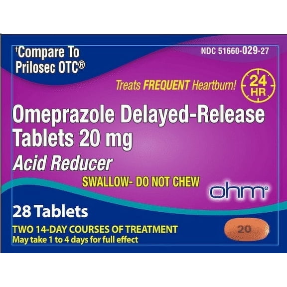 Ohm Omeprazole Delayed-Release Tablets, 20mg Acid Reducer, Treats Frequent Heartburn (4 Weeks of supply, 28, Count)
