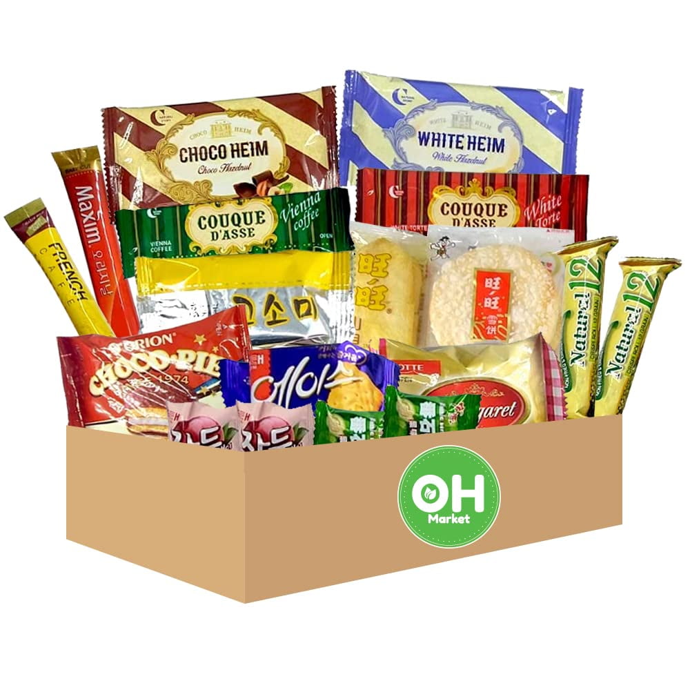 OHMARKET Korean Asian Snack Box 18 Count, Small Gift Snack Box Assortment, Individual Wrapped Top Brand Named Snacks Essentials Sample Packs of Chips Pie Cracker Candy