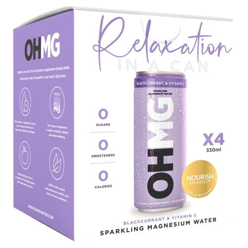 OHMG Blackcurrant sparkling magnesium water 4 x 330ml, British Import (Pack of 2)