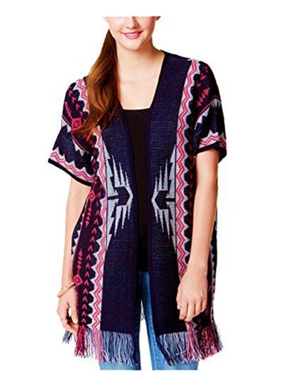 OHMG Navy Fringed Kimono Open Front Cardigan Sweater Juniors' Women's Medium