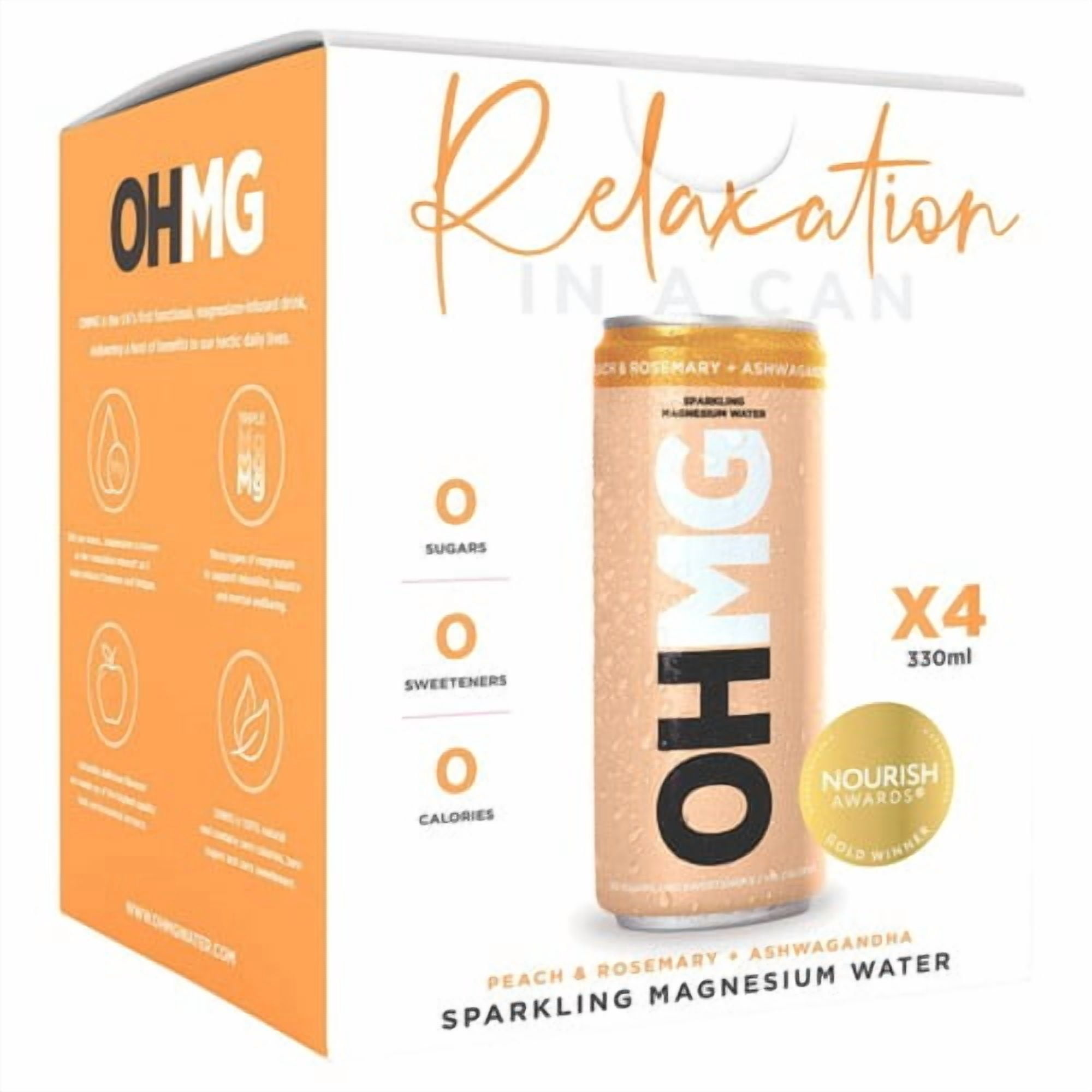 OHMG Peach sparkling magnesium water 4 x 330ml, British Import (Pack of 2)