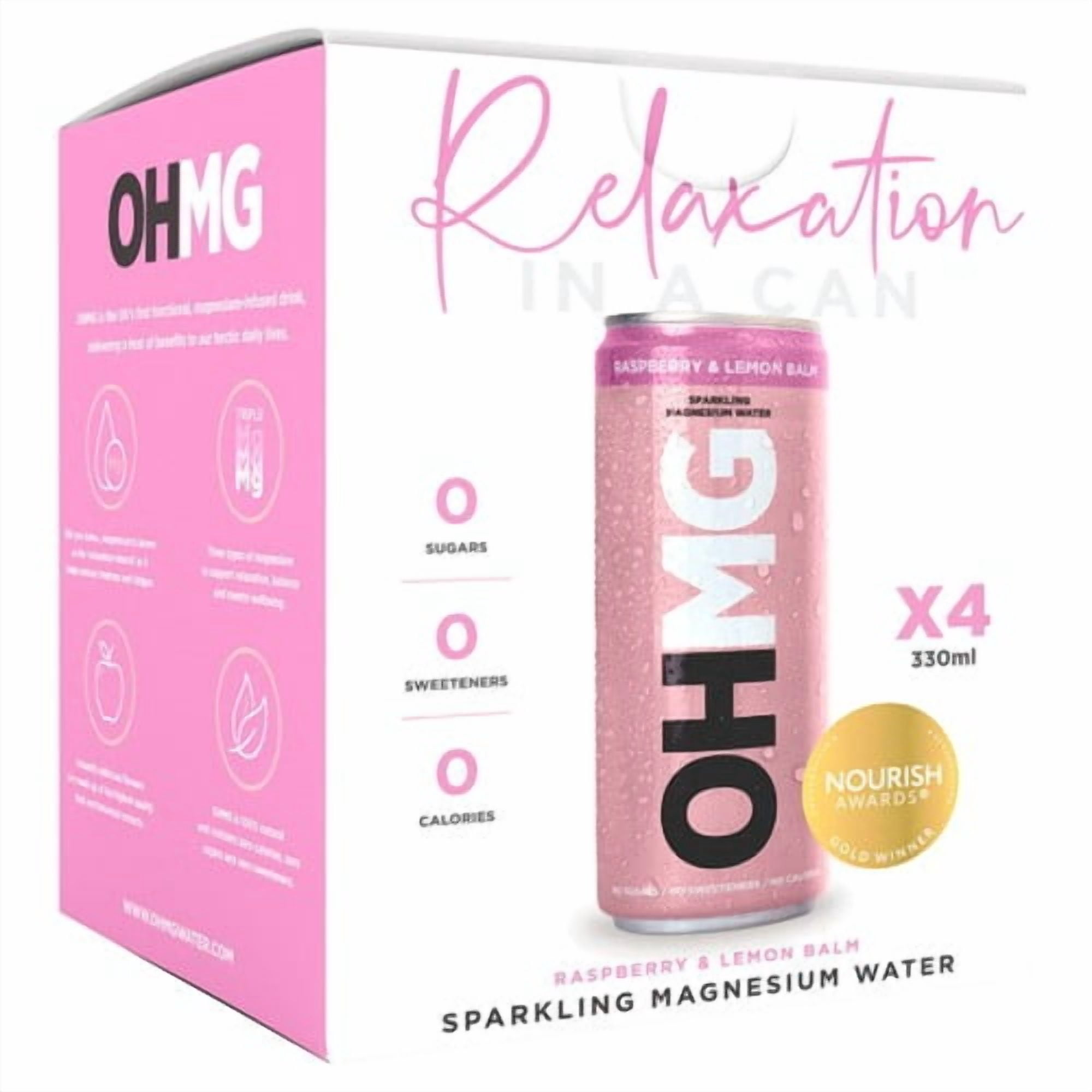 OHMG Raspberry sparkling magnesium water 4 x 330ml, British Import (Pack of 2)