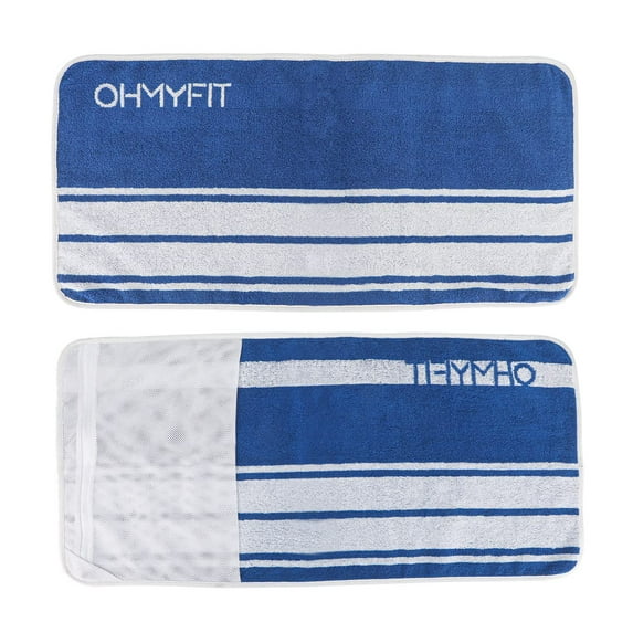 OHMY FIT Cotton Smart Fitness Towel with Zippered Pocket - Lightweight and Super Absorbent for Sports, Workout, Fitness, Gym, Yoga, and Running (Blue)