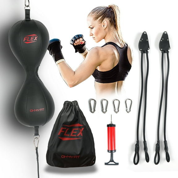 OHMY FIT Dual Double End Punching Bag - Bungee Cords w/Special Flex Adjustable System - Durable Bladder Speed Bag - Boxing Training Equipment for Adults - Home Gym Accessories (Dual Ball Black)