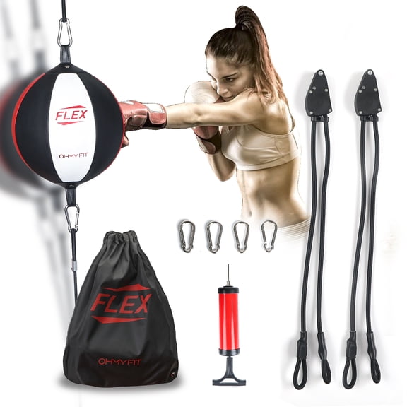 OHMY FIT Flex Double End Punching Bag Easily Adjust Tension and Height of Cords with Special Flex Adjustable System. Advance Micro Fiber Material Strong Bladder Gym Exercise for Men&Women (Round)