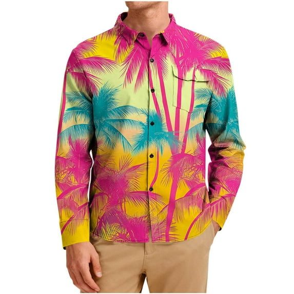 OHMZYZO Long Sleeve Button Down Shirts for Men Tropical Floral Print Hawaiian Shirt Casual Beach Vacation Blouse with Chest Pocket