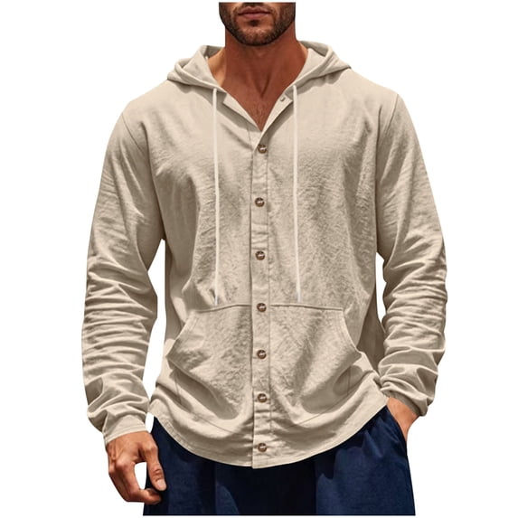 OHMZYZO Men Long Sleeve Button Down Shirt Cotton Linen Drawstring Casual Lightweight Hoodies with Pockets Khaki S