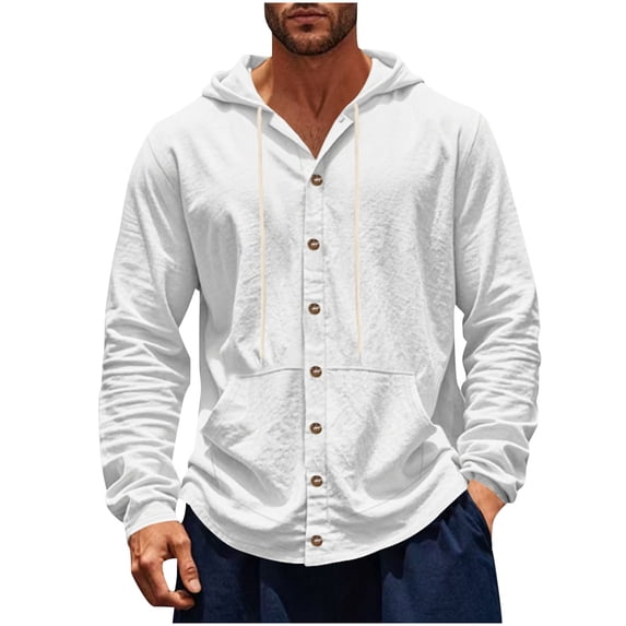 OHMZYZO Men Long Sleeve Button Down Shirt Cotton Linen Drawstring Casual Lightweight Hoodies with Pockets White L