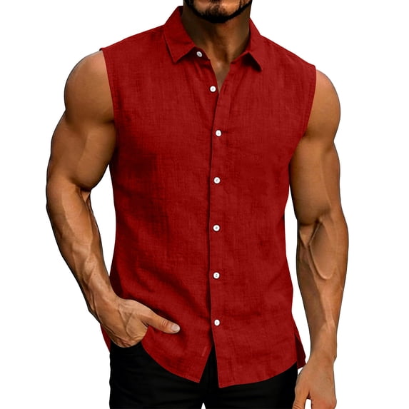 OHMZYZO Men's Cotton Linen Sleeveless Shirts Summer Collared Button Down Tank Tops Solid Color Casual Beach Vacation Shirt