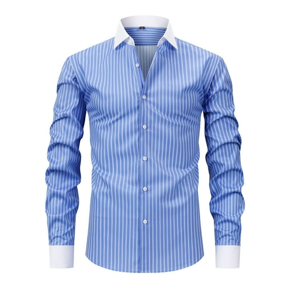 OHMZYZO Men's Long Sleeve Button Down Shirts Striped Print French Cuff Dress Shirt Regular Fit Formal Business Work Shirts for Men Blue L