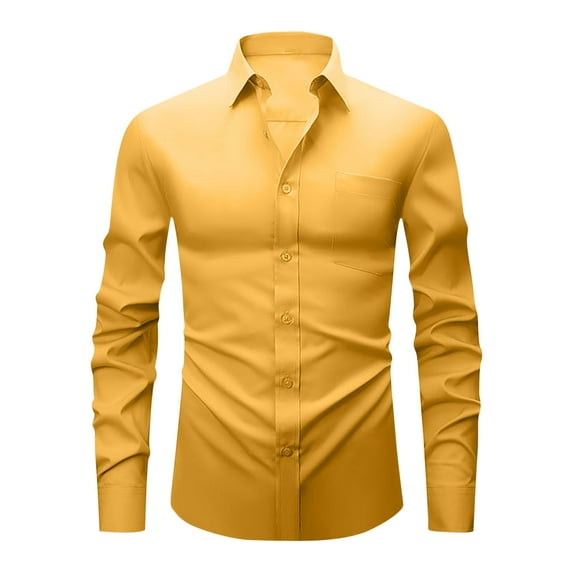 OHMZYZO Men's Long Sleeve Dress Shirts Stretch Regular Fit Button Down Shirt Casual Formal Wedding Wrinkle Free Shirts with Pocket Yellow M