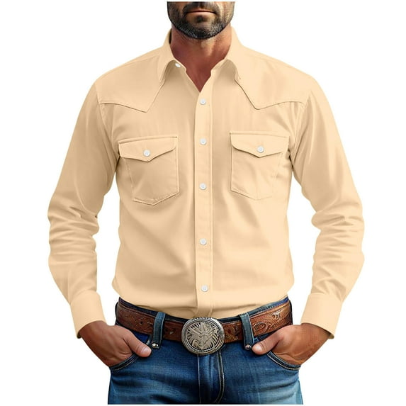 OHMZYZO Men's Pearl Snap Button Down Shirts Cotton Long Sleeve Fall Shirts Casual Solid Color Work Blouse with Two Pockets Beige L