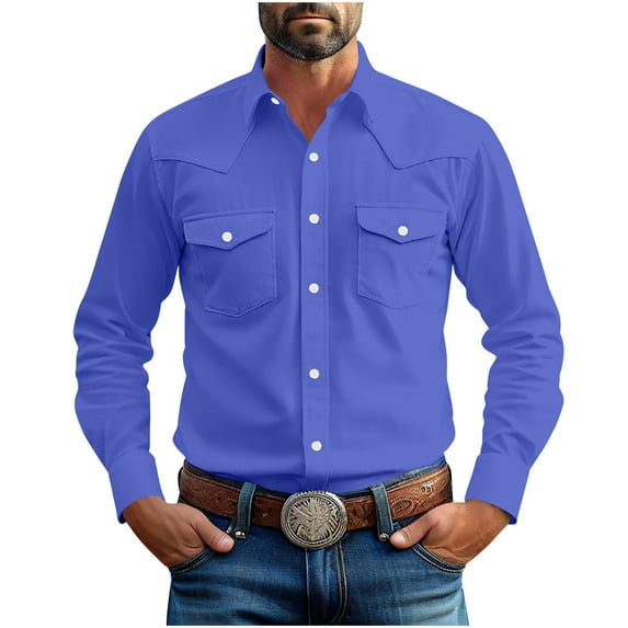 OHMZYZO Men's Pearl Snap Button Down Shirts Cotton Long Sleeve Fall Shirts Casual Solid Color Work Blouse with Two Pockets Blue XL