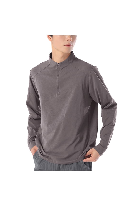 Men's Quarter Zip Mock Neck Shirts Quick Dry Long Sleeve Pullover Tops Casual Athletic Workout Running T Shirts Brown L