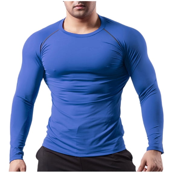 OHMZYZO Men's Raglan Long Sleeve Compression Shirts Casual Slim Fitted Crewneck Pullover Tops Athletic Workout T Shirt Blue S