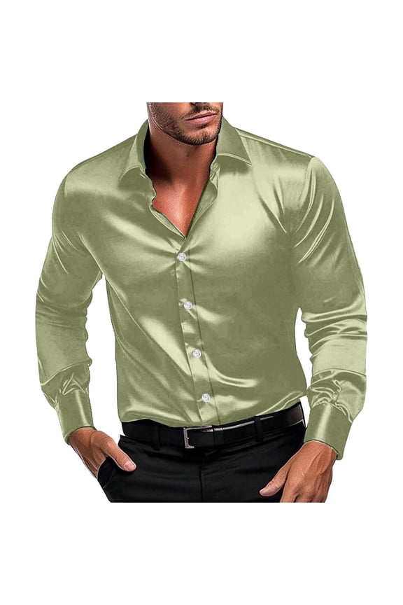 Men's Shiny Silk Satin Shirts Long Sleeve Button Down Dress Shirt Casual Slim Fit Muscle Formal Party Prom Wedding Shirts Mint Green M