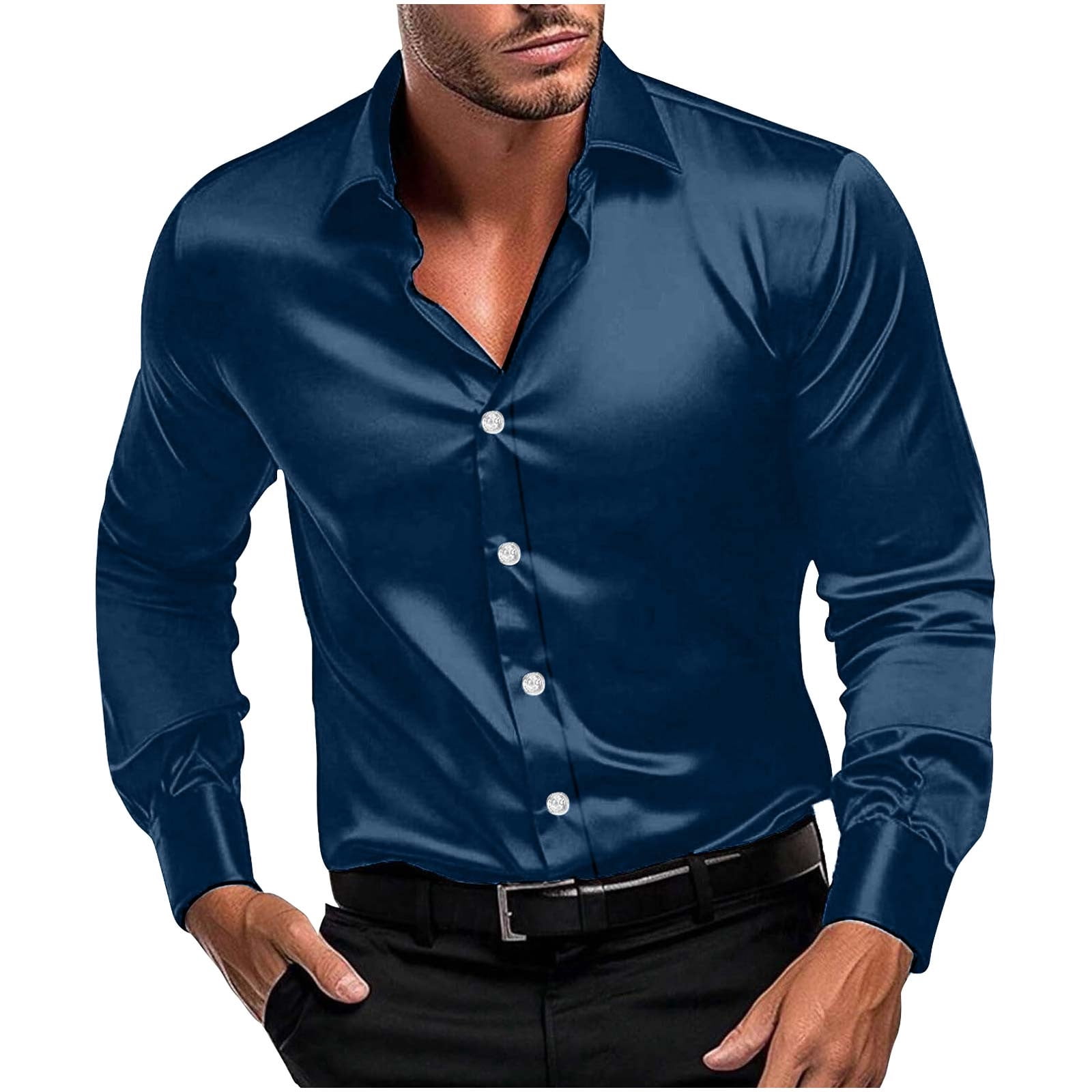 OHMZYZO Men's Shiny Silk Satin Shirts Long Sleeve Button Down Dress Shirt  Casual Slim Fit Muscle Formal Party Prom Wedding Shirts Navy Blue XXL -  Walmart.com