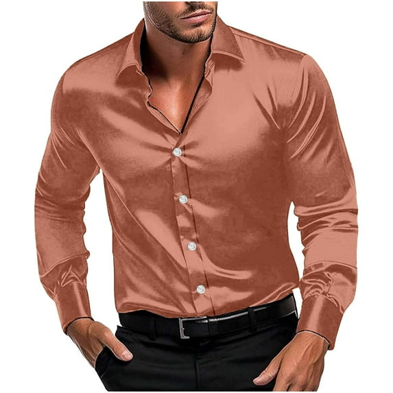 OHMZYZO Men's Shiny Silk Satin Shirts Long Sleeve Button Down Dress Shirt Casual Slim Fit Muscle Formal Party Prom Wedding Shirts Rose Gold S