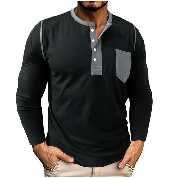 OHMZYZO Mens Henley Shirts Waffle Long Sleeve Button Down T Shirts Casual Slim Muscle Fall Lightweight Basic Tops Z-Black L