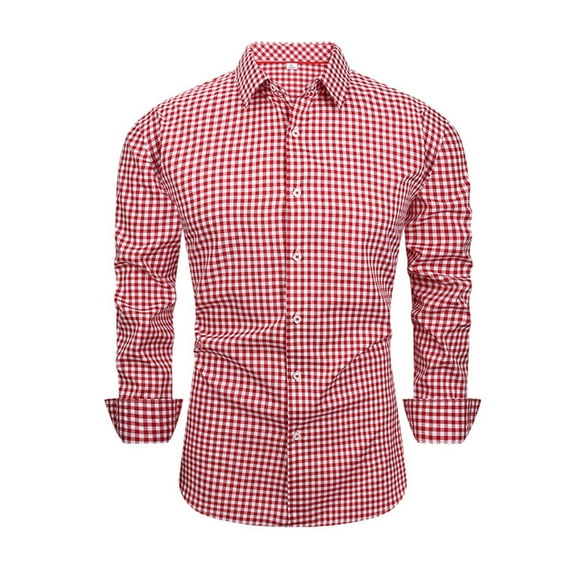 OHMZYZO Plaid Shirt for Men Mens Long Sleeve Button Down Dress Shirts Wrinkle Free Business Casual Stretch Slim Fit Gingham Shirts Red S