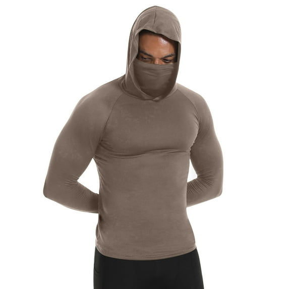 OHMZYZO Sun Protection Hoodie Shirts for Men with Mask UPF 50+ Ice Silk Cool Tops Lightweight Long Sleeve UV Rash Guard Cooling Hoodies Khaki XXL